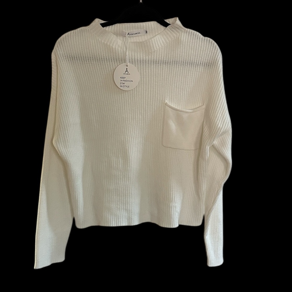 Anrabess NEW White Ribbed Sweater with Pocket